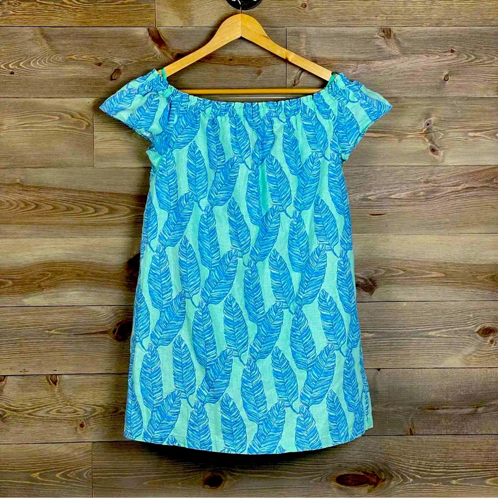 Vineyard Vines S Linen Blend Blue Green Palm Print Off Shoulder Dress Small